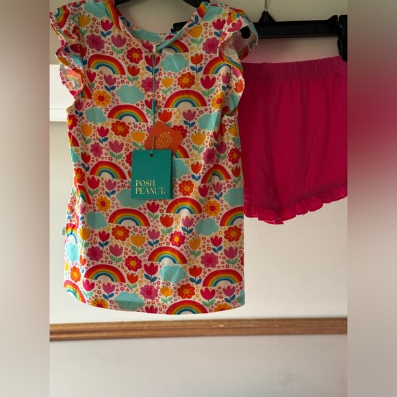 NWT Posh Peanut 3T-4T Rainbow Melody Ruffled Cap Sleeve Top Ruffled Short Set - Picture 2 of 7